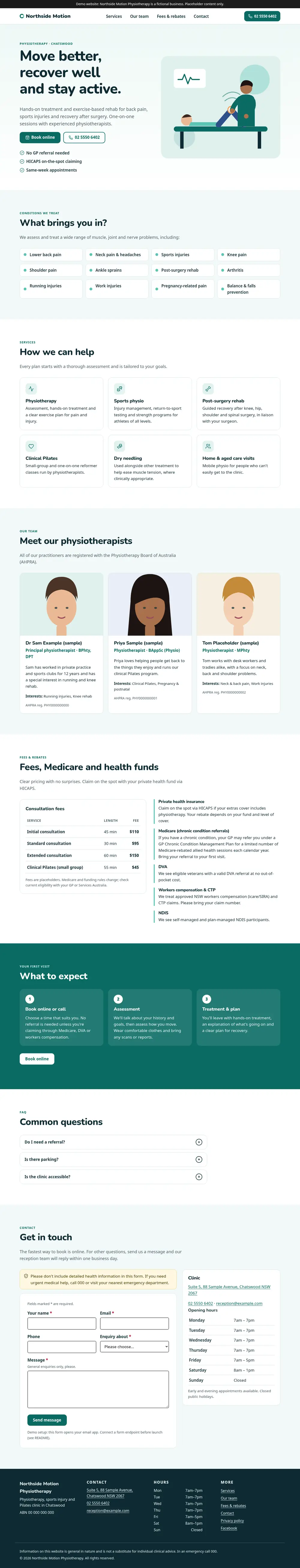 Full-page desktop screenshot of the physio and allied health example site (Northside Motion Physiotherapy).
