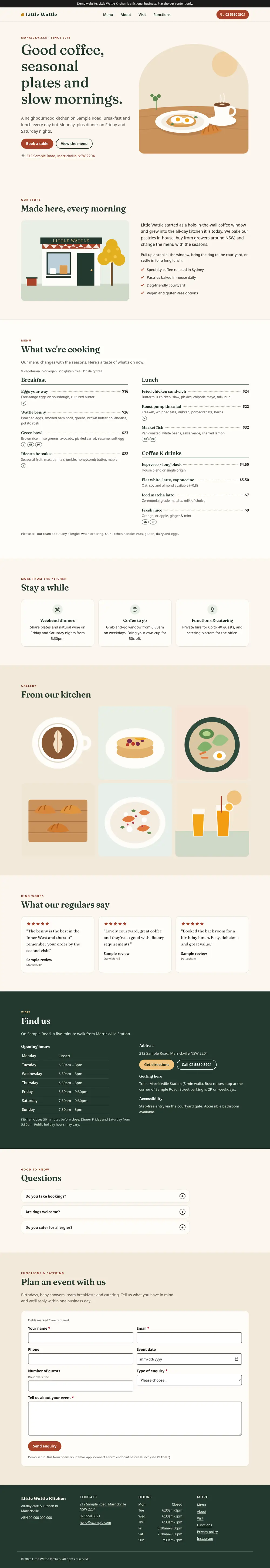 Full-page desktop screenshot of the cafes and restaurants example site (Little Wattle Kitchen).