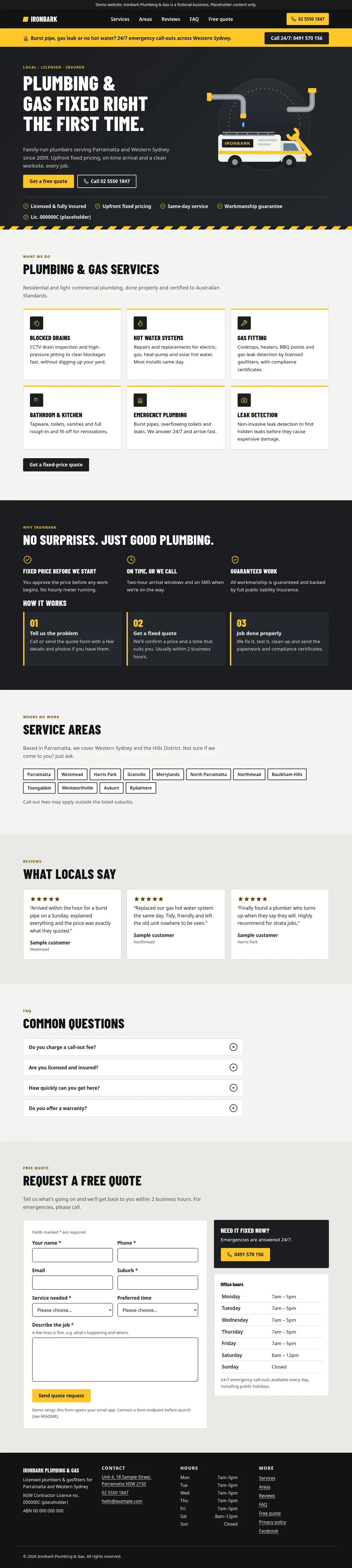 Full-page desktop screenshot of the trades example site (Ironbark Plumbing & Gas).